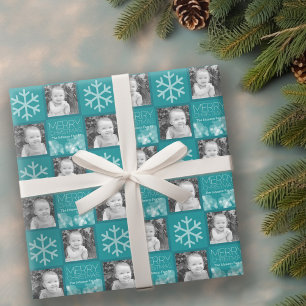 Papier Cadeau Blue Bokeh Modern Joyeux Noël Photo