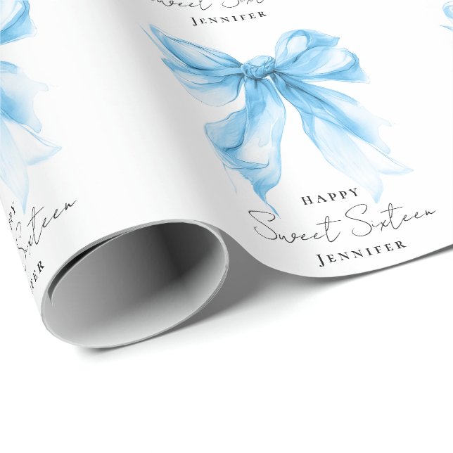 Papier Cadeau Blue Bow Coquette Script Sweet 16 Party  (Coin rond)