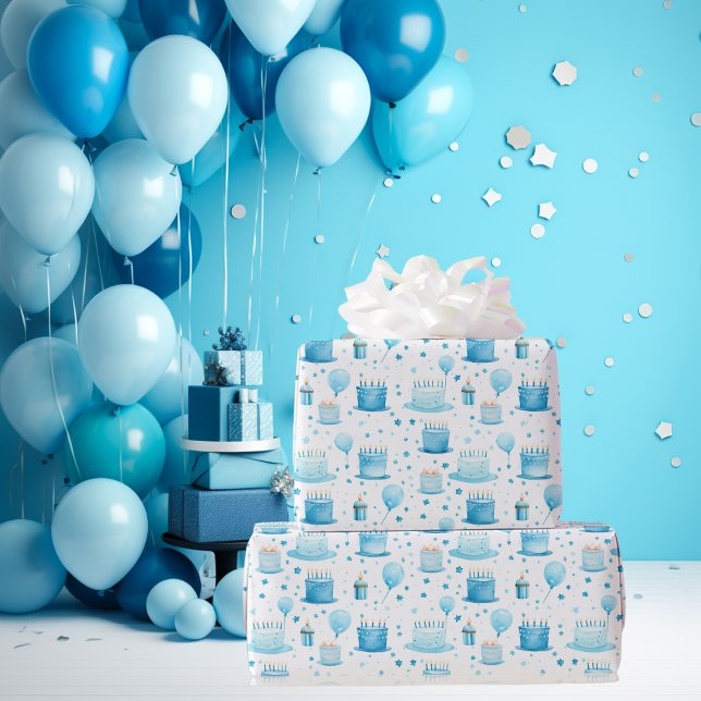 Papier Cadeau Blue Boys Aquarelle Anniversaire de enfant Party m (Add a splash of joy with our Blue Watercolor Birthday Wrap! 🎁🎉 #KidsWrappingPaper #BoysBirthday)