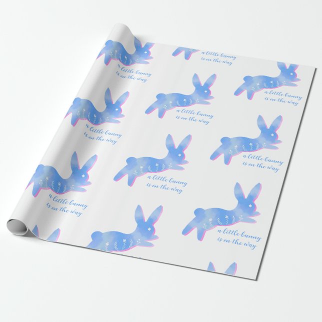 Papier Cadeau Blue Bunny Silhouette Cute Custom Boy Baby Shower  (Déroulé)