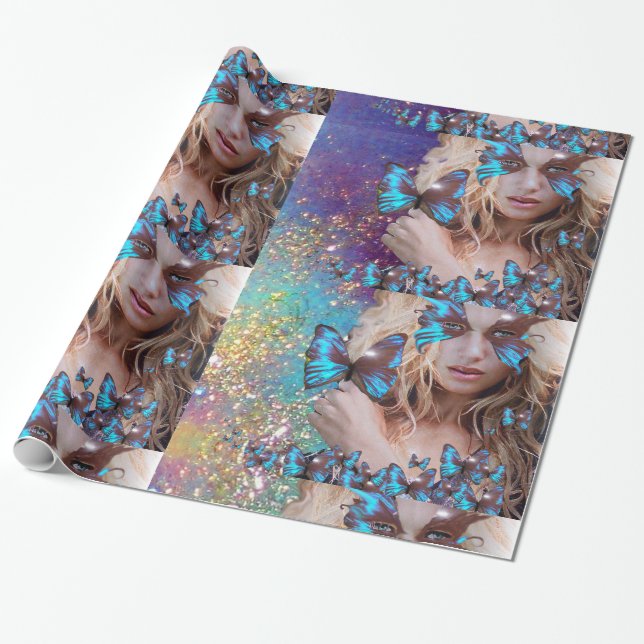 PAPIER CADEAU BLUE BUTTERFLY WITH GREEN GOLD SPARKLES (Déroulé)