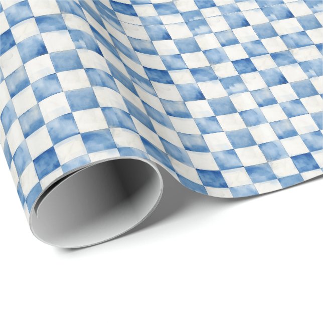 Papier Cadeau Blue Checkered Decorative Gift Wrap Paper (Coin rond)