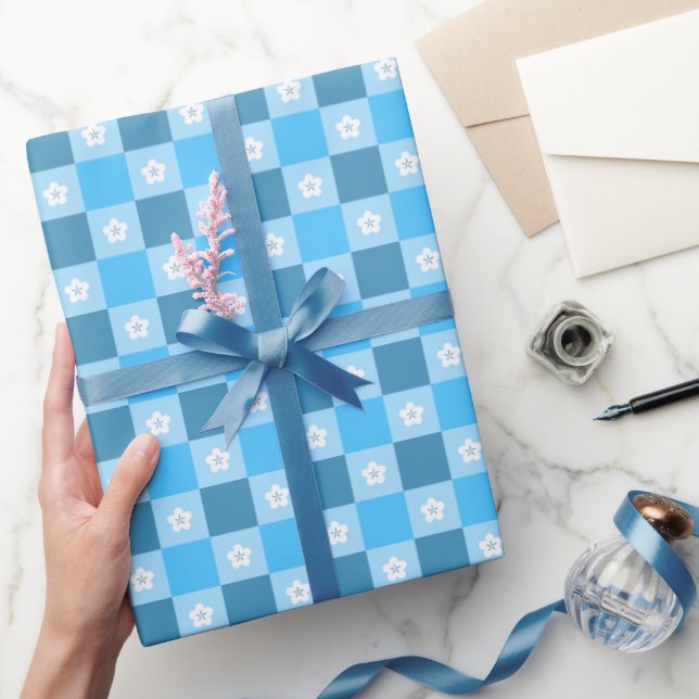 Papier Cadeau Blue Checkered Floral (Cadeaux)