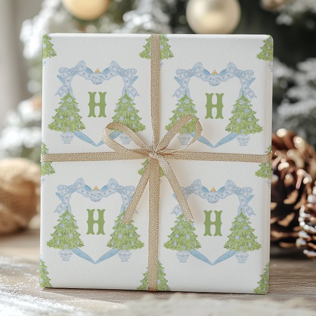 Papier Cadeau Blue Chinoiserie Arbre de Noël Monogram Crest (Créateur téléchargé)