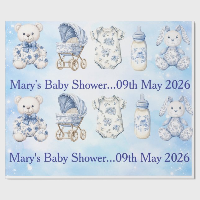 Papier Cadeau Blue Chinoiserie Baby Shower Wrapping Paper (Plat)