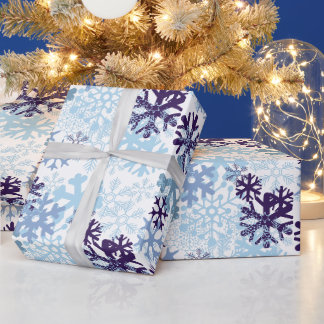 Papier Cadeau Blue Christmas Snowflakes Indigo SnowFlakes Blanc