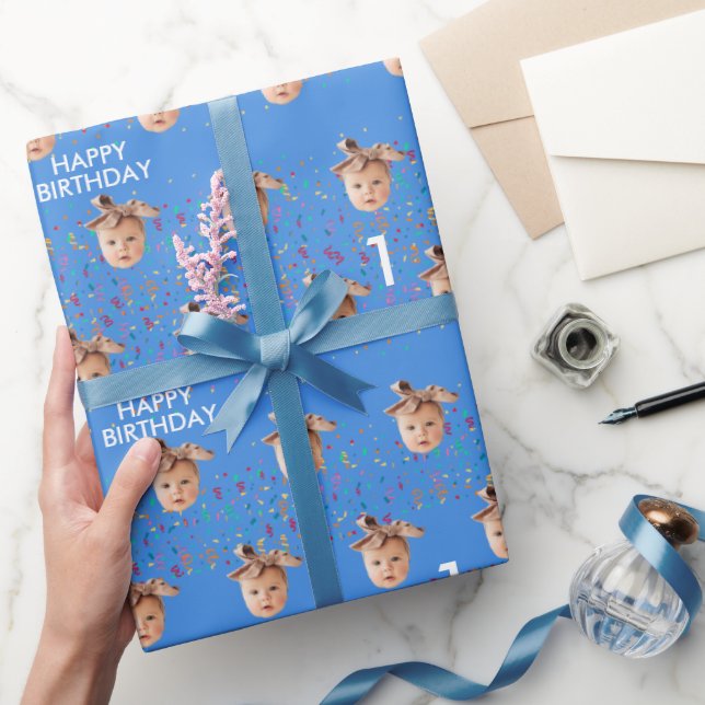 Papier Cadeau Blue Custom Face Photo Enfants 1ère fête d'anniver (Cadeaux)
