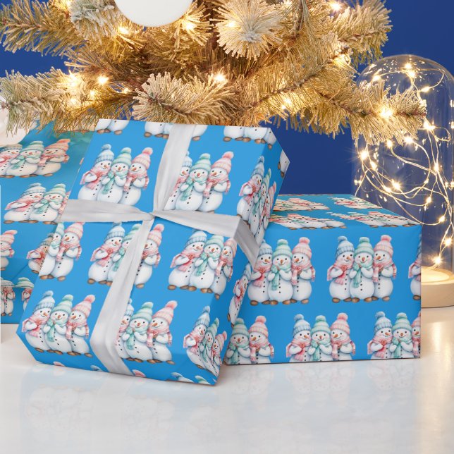 Papier Cadeau Blue Cute Snowmen Christmas Gift Wrapping Paper (Vacances)