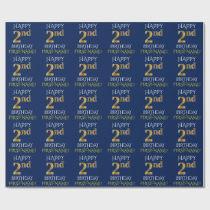 Papier Cadeau Blue, Faux Gold "HAPPY 2nd BANTHDAY"