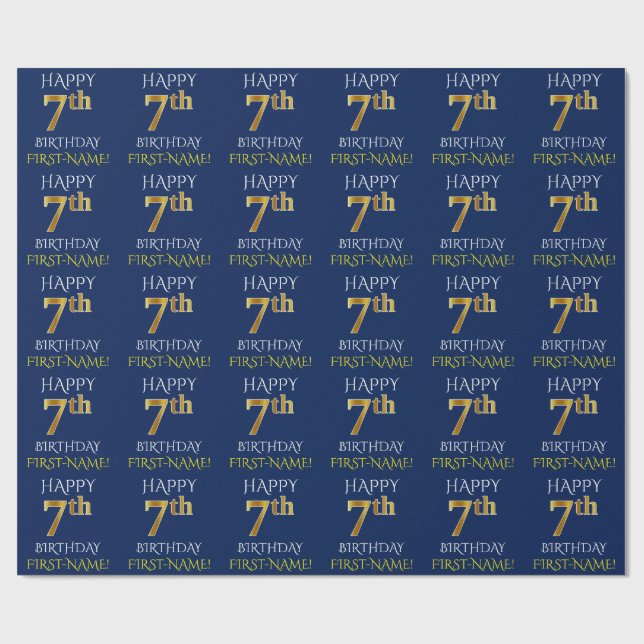 Papier Cadeau Blue, Faux Gold "HAPPY 7th BIRTHDAY" (Plat)