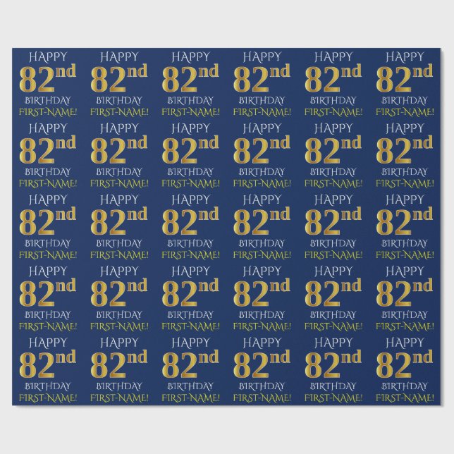 Papier Cadeau Blue, Faux Gold "HAPPY 82nd BIRTHDAY" (Plat)