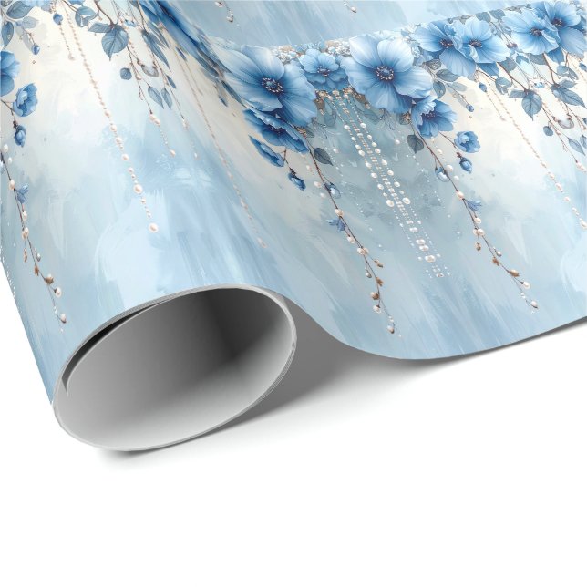 Papier Cadeau Blue Flowers and Pearls Wrapping Paper (Coin rond)