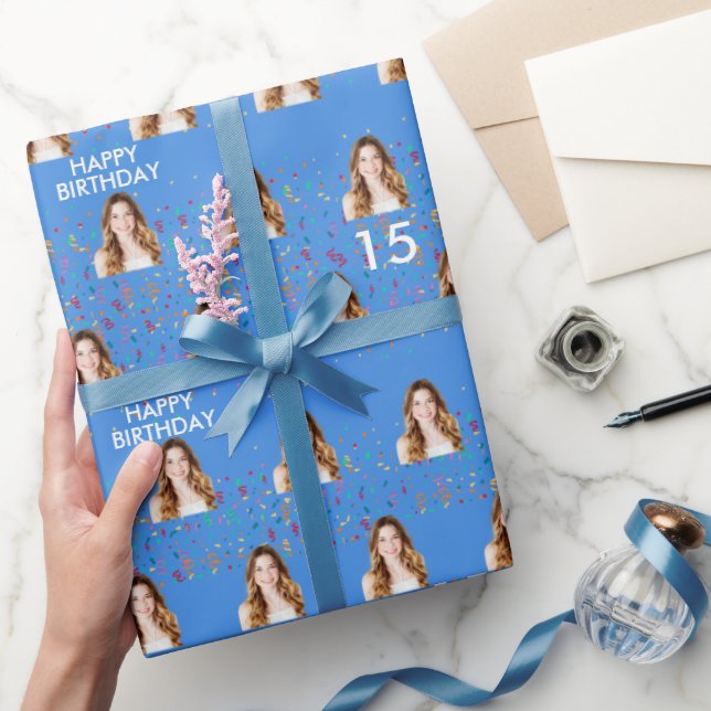 Papier Cadeau Blue Funny Custom Face Photo 15e fête d'anniversai (Cadeaux)