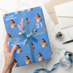 Papier Cadeau Blue Funny Custom Face Photo 21e fête d'anniversai