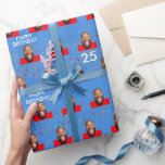 Papier Cadeau Blue Funny Custom Face Photo 25th Birthday Party<br><div class="desc">Papier d'emballage photo découpé sur mesure pour une fête de 25e anniversaire. Conception avec des confettis, un arrière - plan bleu, et un joyeux message d'anniversaire. Pour modifier la couleur, cliquez sur le bouton pour modifier la conception. Pour faire la découpe de la photo vous pouvez télécharger n'importe quelle application...</div>