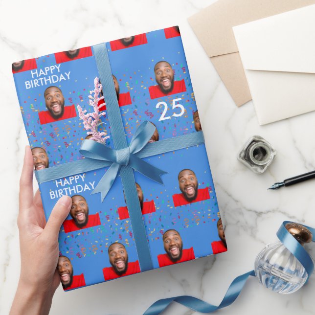 Papier Cadeau Blue Funny Custom Face Photo 25th Birthday Party (Cadeaux)