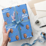 Papier Cadeau Blue Funny Custom Face Photo 50th Birthday Party<br><div class="desc">Papier d'emballage photo découpé sur mesure pour une fête de 50e anniversaire. Conception avec des confettis, un arrière - plan bleu, et un joyeux message d'anniversaire. Pour modifier la couleur, cliquez sur le bouton pour modifier la conception. Pour faire la découpe de la photo vous pouvez télécharger n'importe quelle application...</div>