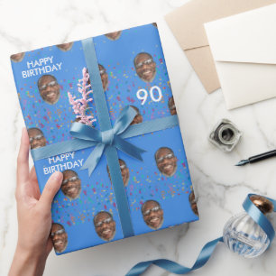 Papier Cadeau Blue Funny Custom Face Photo 90th Birthday Party