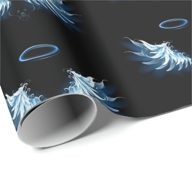Papier Cadeau Blue Glowing Angel Wings on black background (Coin rond)