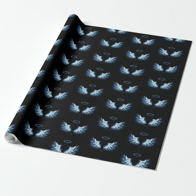 Papier Cadeau Blue Glowing Angel Wings on black background (Déroulé)
