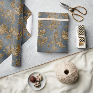 Papier Cadeau Blue & Gold Damask Faux Velvet Holiday