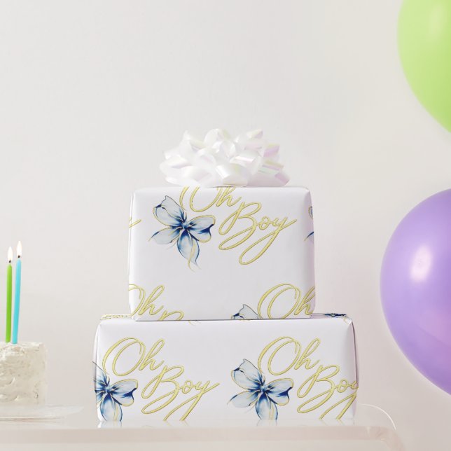 Papier Cadeau Blue & Gold “Oh Boy” Gold Typography Baby Shower (Cadeaux de fête)