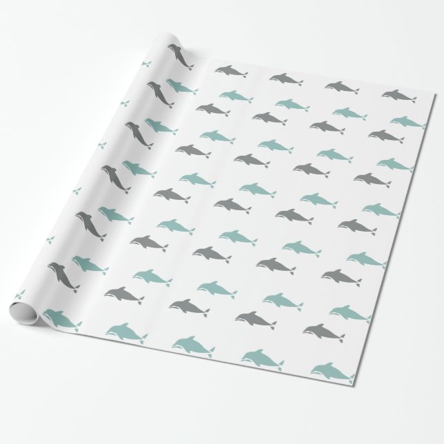 Papier Cadeau Blue Grey Beach Ocean Dolphins Anniversaire (Déroulé)