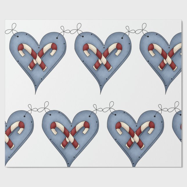 Papier Cadeau Blue Heart with Candy Canes Country Christmas (Plat)