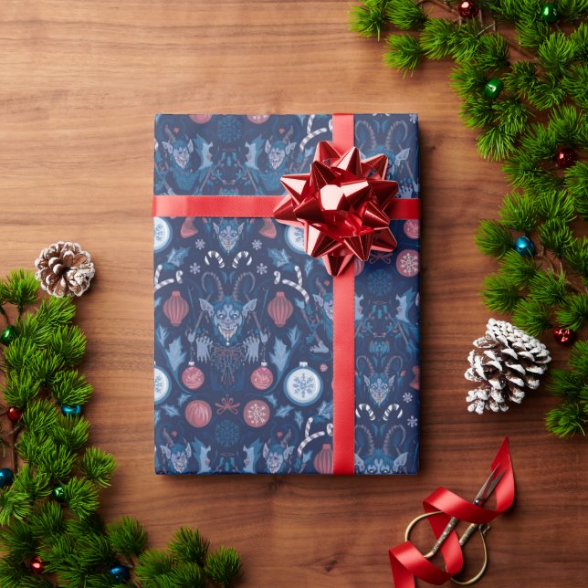 Papier Cadeau Blue Krampus Wrapping Paper | Unique Dark Holiday  (Cadeau de vacances)