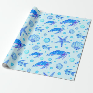 Papier Cadeau Blue Marine Life - Tortues, poissons et coquillage