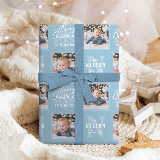 Papier Cadeau Blue Merry Christmas Calligraphy Family 2 photo (Blue Merry Christmas Calligraphy Family 2 photo Wrapping Paper)