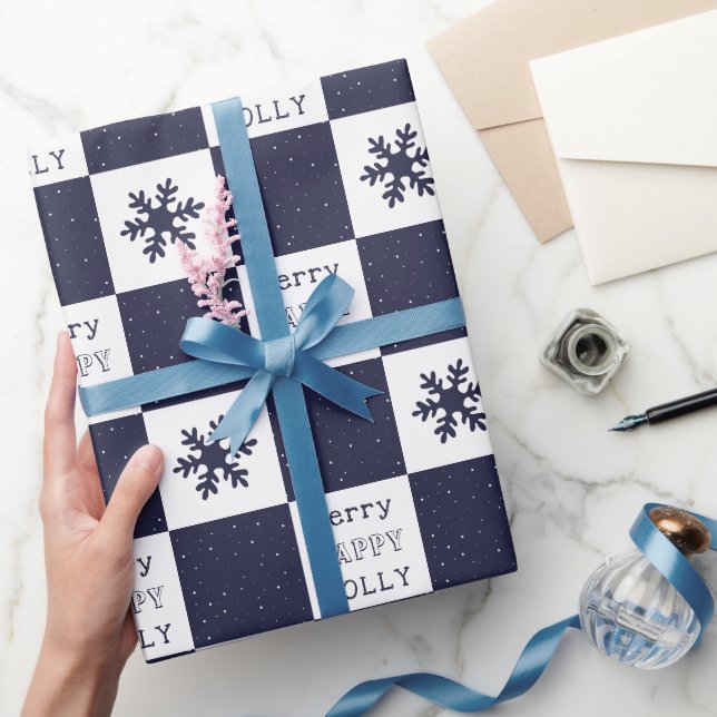 Papier Cadeau Blue Merry Jolly Happy Snowflakes (Cadeaux)