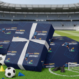 Papier Cadeau Blue Modern Soccer Bonne fête d'anniversaire