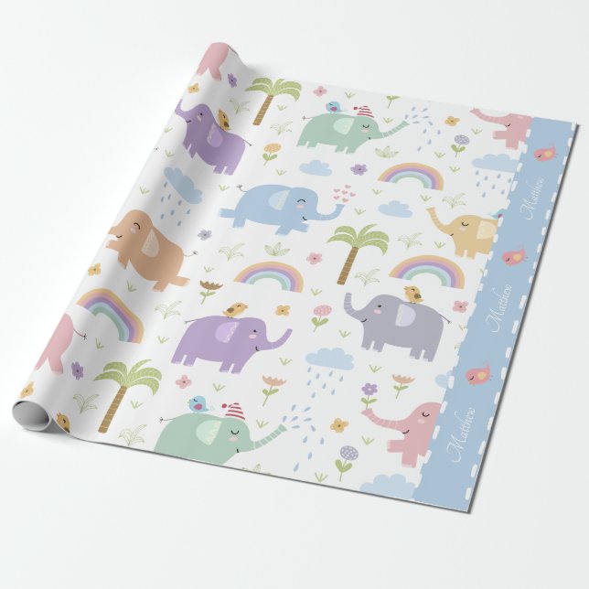 Papier Cadeau Blue Pastel Elephant Motif pour Little Boy Party (Déroulé)