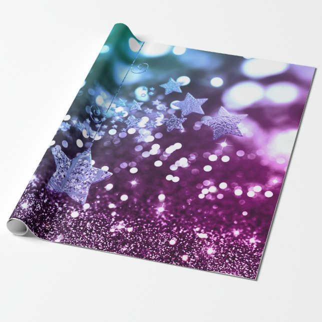 Papier Cadeau Blue & Purple Bokeh Faux Parties scintillant & Éto (Déroulé)