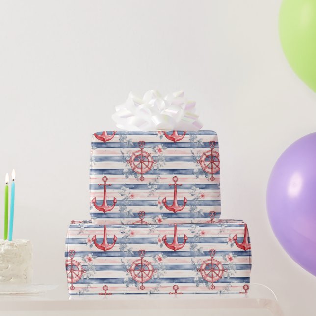 Papier Cadeau Blue Red Anchors Floral Stripes Beach Birthday (Cadeaux de fête)