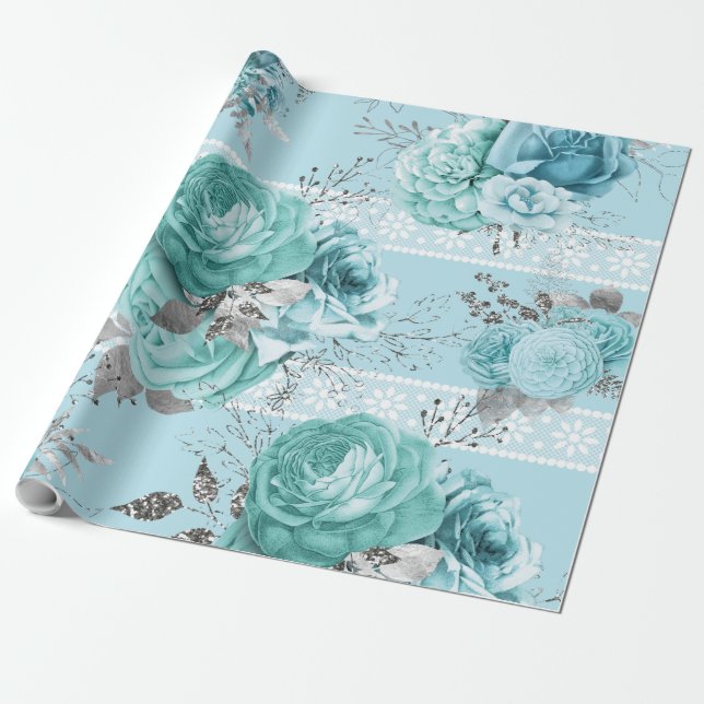 Papier Cadeau Blue Roses Lace and Silver détails (Déroulé)