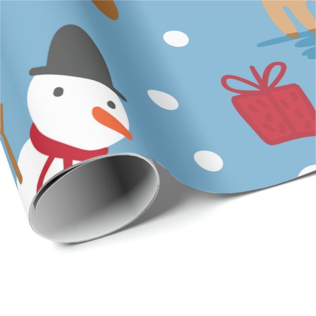 Papier Cadeau Blue Snowman et rouge, cadeaux jaunes (Coin rond)