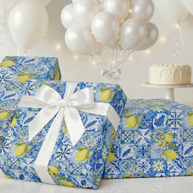 Papier Cadeau Blue Tile French Country Lemon Pattern Provencal (Créateur téléchargé)