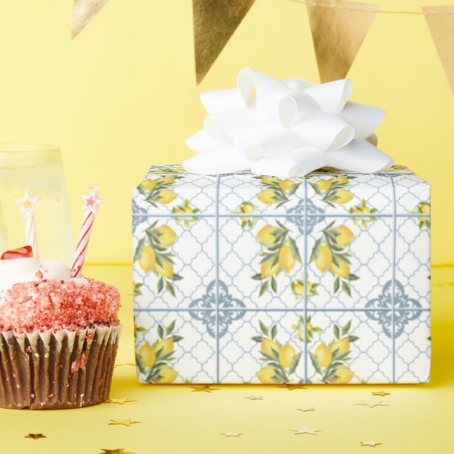 Papier Cadeau Blue Watercolor French Country Lemon (Fête d'anniversaire)