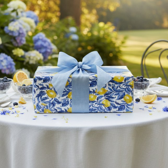 Papier Cadeau Blue Watercolor Lemon Pattern  (Créateur téléchargé)