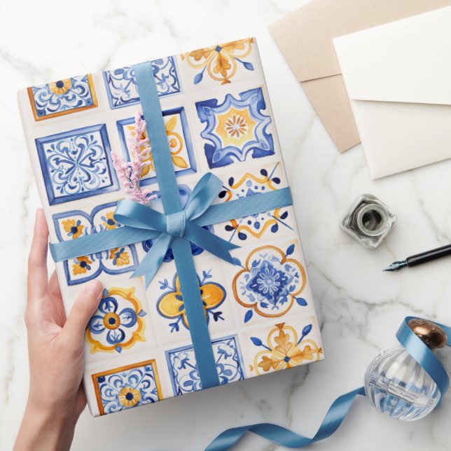 Papier Cadeau Blue White Yellow Tiles Pattern Summer Aesthetic  (Cadeaux)