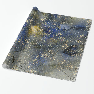 Papier Cadeau Blue Winter Dusk Sky Gold Berries et neige