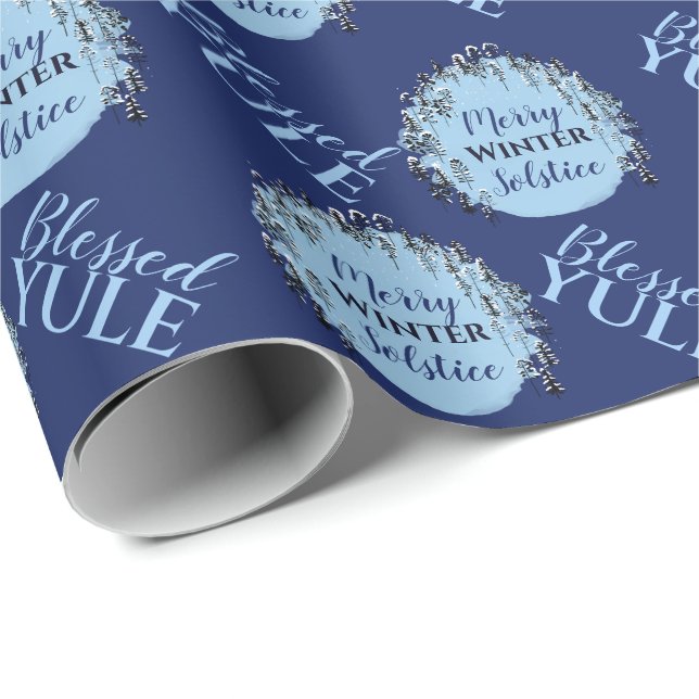 Papier Cadeau Blue Yule Joyeux arbres solstice hiver (Coin rond)