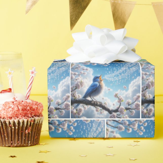 Papier Cadeau Bluebird chante sur une branche de cerisier (Fête d'anniversaire)