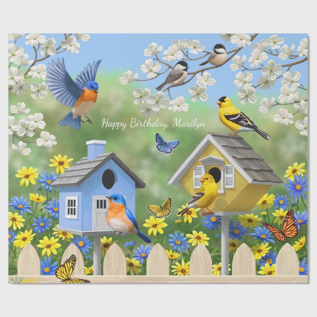 Papier Cadeau Bluebirds Goldfinches Birdhouses Jardin aux fleurs (Plat)