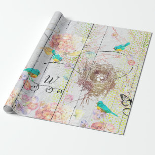 Papier Cadeau Bluebirds Pink Hydrangea Birds Nid Monogramme