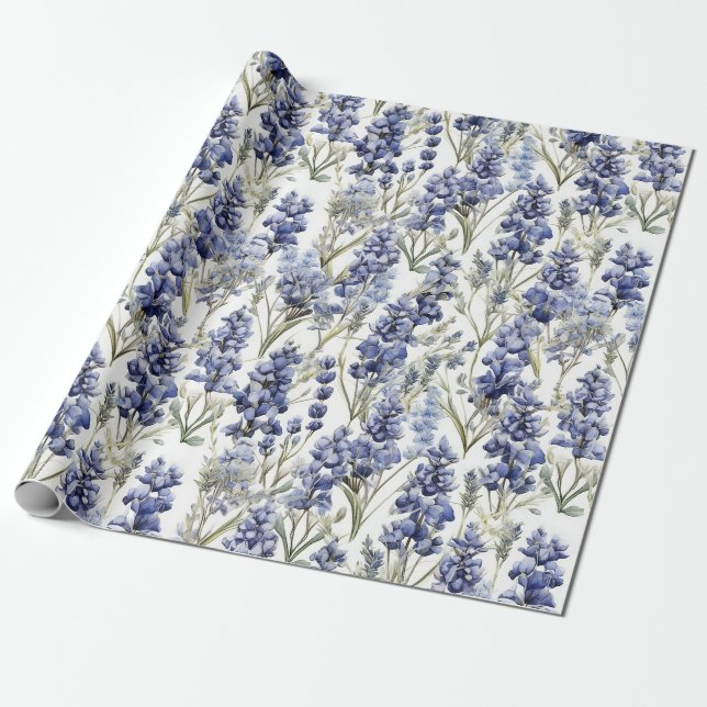 Papier Cadeau Bluebonnets Fleurs Bleu Aquarelle Fleurs sauvages (Déroulé)
