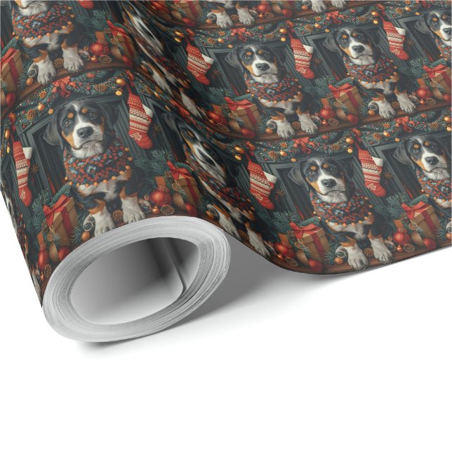 Papier Cadeau Bluetick Coonhound avec cheminée de cadeaux de Noë (Coin rond)
