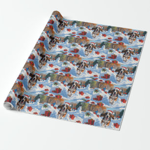 Papier Cadeau Bluetick Coonhound courant dans la neige avec Noël